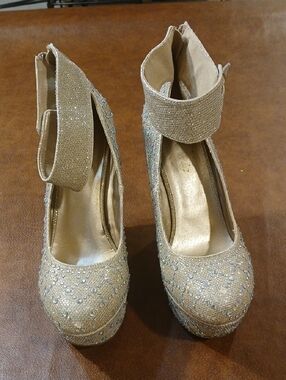 Glittery Gold Platform Ankle-Strap Pumps - Women